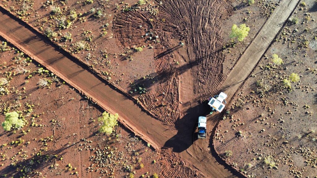 Drone image of gravity survey crew